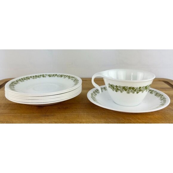 Vintage Corelle Spring Blossom/Crazy Daisy Cups & Saucers Set Of 8 Green Floral - Picture 9 of 12